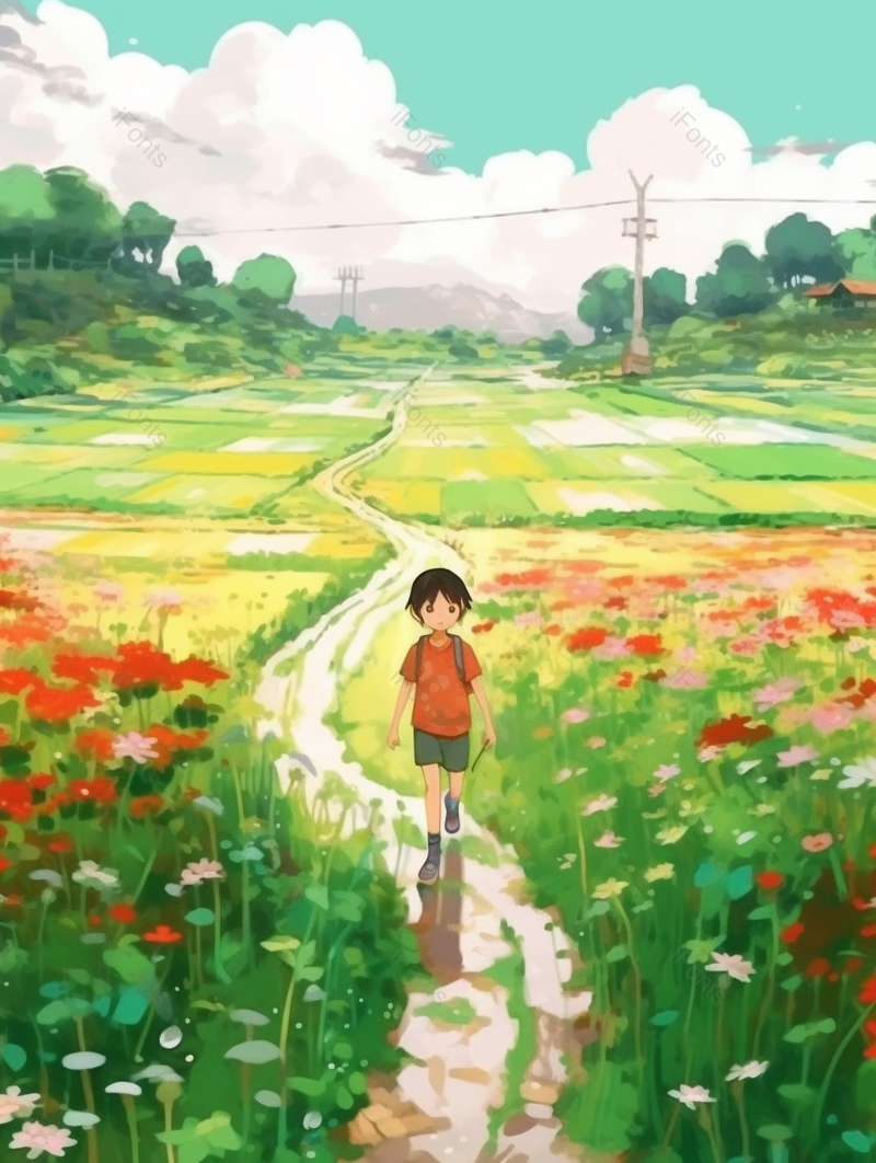 小花田间小路背包女孩背景,插画/手绘图,插画/手绘图库,插画/手绘图下载,插画/手绘